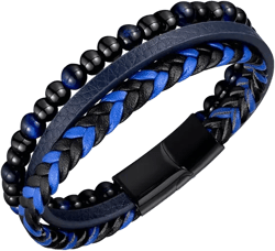 Blue Tigers Eye Weaved Leather Stainless Steel Bracelet