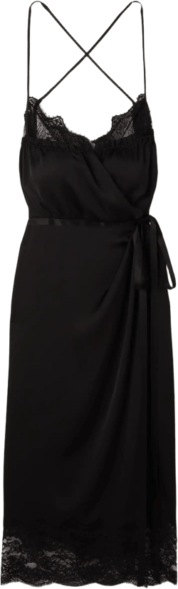 Wrap-effect belted lace-trimmed silk-satin midi dress