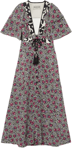 Flora Mar tasseled floral-print silk crepe de chine midi dress