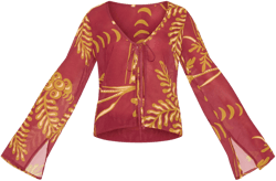 Brown Sheer Floral Long Sleeve Tie Front Top