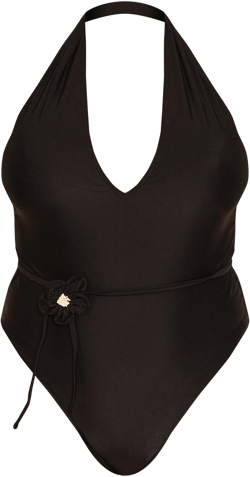 Plus Black Halter Neck Plunge Belted Swimsuit