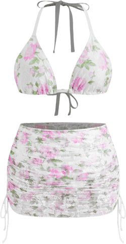 V-neck Floral Knotted Halter Full Coverage Bikini Set With Drawstring Cover Up Skirt Curve & Plus