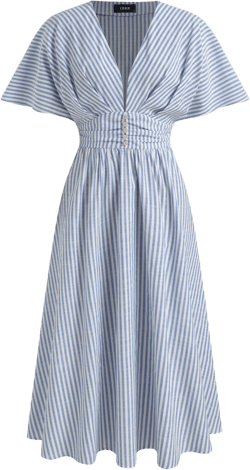 Cotton-blend V-neck Striped Ruched Button Maxi Dress