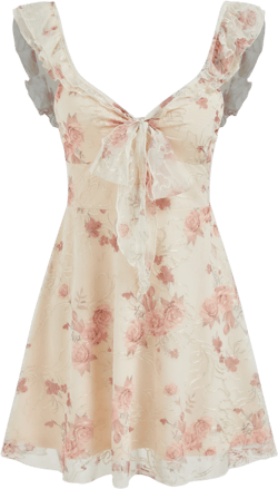 Lace Sweetheart Neckline Floral Bowknot Lettuce Trim Mini Dress