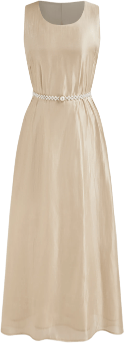 U-neckline Satin Solid Maxi Dress With Pearl Belt