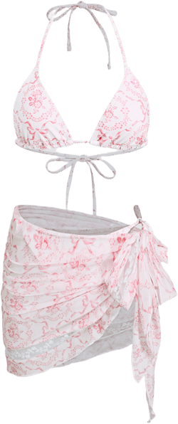 V-neck Bowknot & Flower Knotted Halter Tie Side Bikini Set With Lace Sarong