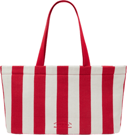 WHAT HAPPENS AT THE BEACH STAYS IN THE SAND STRIPED TOTE BAG