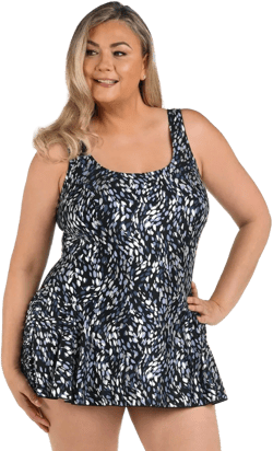 Maxine of Hollywood Women's Seam Front Swim Dress One Piece Swimsuit, Black//Brushstroke Shimmer, 16W