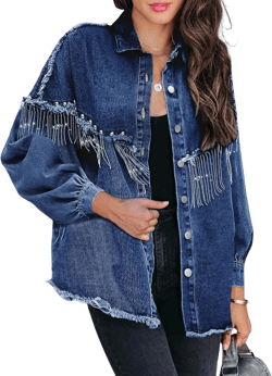Daacee Oversized Fringe Denim Jacket for Women Frayed Sparkly Tassel Jean Shacket Cowgirl Western Country Concert Outfits XX-Large Darkblue