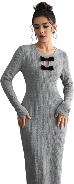 Elegant Solid Color Maxi Dress with Bow Detailing - Women's Long Sleeve Fitted Evening Outfit