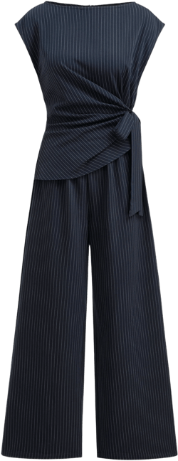 Boat Neck Stripe Ruched Knotted Straight Leg Jumpsuit