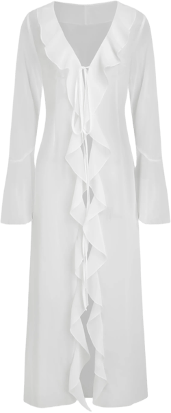 Mesh V-neck Knotted Ruffle Hem Bell Sleeve Cover Up Dress