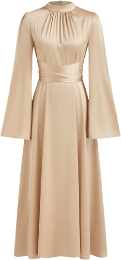 Satin Stand Collar Knotted Ruffle Maxi Dress
