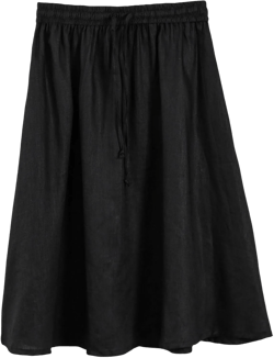 Amazhiyu Womens Pure Linen A Line Pleated Midi Skirt Elastic Waist with Pockets Black, X-Large