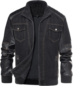 Men's retro trendy personalized denim jacket, spliced leather multi pocket stand up collar autumn and winter coat