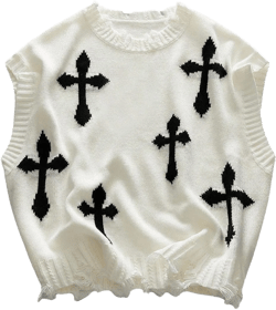 Verdusa Men's Gothic Ripped Sweater Vest Streetwear Sleeveless Knit Tops Large Black and White