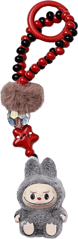 Cute Keychain for Labubu Cartoon Key Chain for Bag Charms Handbag Purse Backpack Accessories -Gift for Women Girl Gray + Red