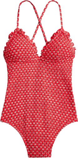 Smocked ruffle-trim one-piece in ditsy floral print - VINTAGE RED