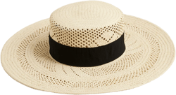 Wide-brim boater hat with ribbon - NATURAL