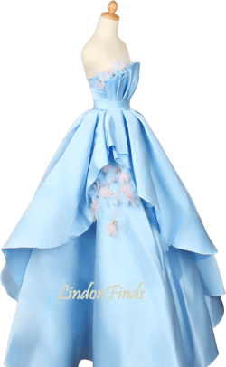 Blue satin ball gown 3D flower applique bridal prom dress Layer a line wedding dress colour flower party dress