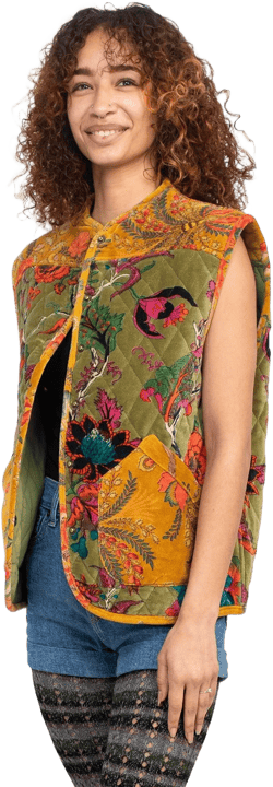 Quilted Velvet Snap Vest – Cotton Boho Vest with Floral Block Print, Paisley Embroidery, Contrast Yoke, Pockets, Made in India
