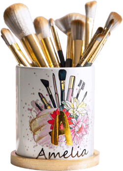 Makeup Brush Holder for Desk name and monogram Personalized cosmetic organizer with wood storage Gift for Women and Sister or Сoworker