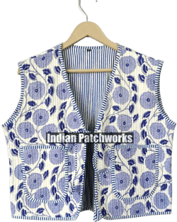 Reversible Block Printed Quilted Cotton Vest with Front Pockets | Handmade Waist Coat Jacket | Blue & Whte Floral Short Layering Jacket