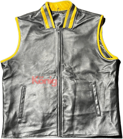 Men&#39;s Genuine Leather Vest with Yellow Trim - Stylish Black Sleeveless Jacket for Bikers, Cosplay, and Everyday Wear