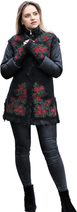 Felt Vest in the Ukrainian Folk Style, Black Vest with Floral Print, Women&#39;s Elongated Wool Vest