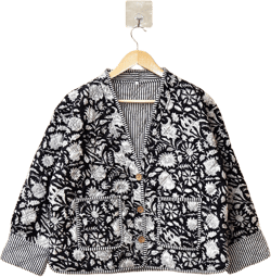 Indian Handmade Quilted Cotton Jacket, V-Neck Reversible Women&#39;s Vintage Black Floral Kimono Boho Coat, Spring Jacket Gift for Her
