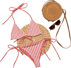 Pin Stripe Bikini - Salmon String Bikini Set With White Stripes - Striped Bikini - Vertical Stripe Bikini - Adjustable Bikini - Tie Bikini