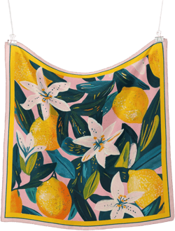 100% Silk Lemon Scarf, Pure Silk Neck Scarf, Silk Bandanna, Silk Neckerchief, Silk Hair Scarf, Lemon and flower print, bright and colorful