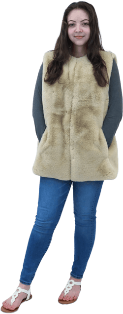 Women&#39;s Faux Rex Rabbit Fur Vest w Pockets - Soft Plush Fake Fur - Comfy Cozy Winter Jacket - Luxury Vegan Fashion - Beige
