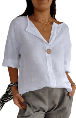 Lightweight Cotton Linen Blouse - Oversized Boho Tunic Top with V-neck and 3/4 Sleeves