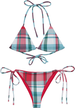 Red Plaid Bikini Set, Triangle Bikini Top, String Bikini Bottom, Vintage Inspired