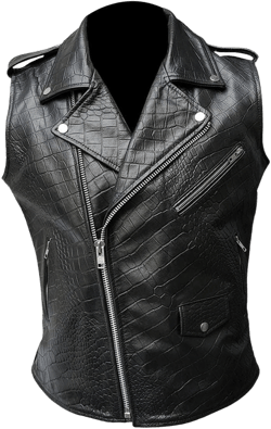 Mens Bikers Vest Black Crocodile Print Leather Black Sleeveless Waistcoat