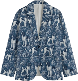 English Springer Spaniel Toile de Jouy Dog Mens Cotton Blazer Victorian Sports Coat Baroque French Blue Rococo Jacket Country Club Golf Gift