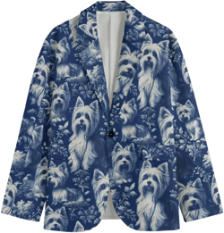 Yorkshire Terrier Toile de Jouy Dog Mens Cotton Blazer Victorian Sports Coat Baroque Yorkie  Blue Rococo Jacket Bandana  Country Club Golf