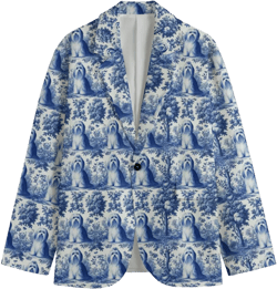 Havanese Toile de Jouy Dog Mens Cotton Blazer Victorian Sports Coat Baroque French Blue Rococo Jacket, Lightweight Country Club Golf Gift