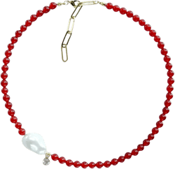 Dainty Red Carnelian Necklace with Large Baroque Pearl Charm, Ruby Red Gem Beaded Necklace, Red Stone Choker Necklace, Anniversary Gifts