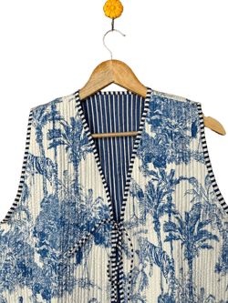 Indian Cotton Vest, Short Quilted Jacket, Tiger Print Vest, Women New Styles Jacket, V_ Neck Jacket, Blue Cotton Quilted Coat, Gift For Her