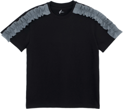 Women Ruffle Shoulder Shirt. Blue Ruffle on Black T-Shirt. Crewneck 100% Cotton TShirt. Unique Fall Blouse. Original Design in Brooklyn.