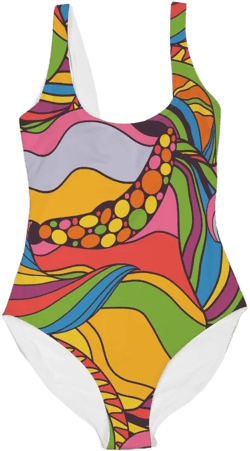 Women&#39;s One-Piece Swimsuit - 1970&#39;s Psychedelic Dots and Waves Pattern - Trippy Retro - Colorful Rainbow - Modest Bathingsuit