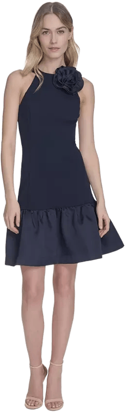 Petite Rosette-Trim Taffeta-Skirt Dress