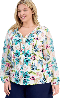 Plus Size Printed Mixed-Media Top, Exclusively at Macy's