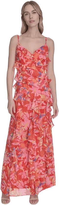 Women's Metallic-Clip Chiffon Asymmetric-Ruffle Dress
