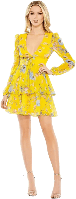 Women's Floral Chiffon Dress with Deep V-Neck and Ruffle Tiered Skirt