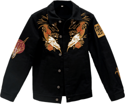 The Wolf&#39;s Requiem Embroidered Denim Jacket | Gothic Original Skull Wolf with Floral Element Design with Unisex Sizing and Double Pockets