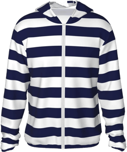 VOSERY Navy Blue And White Stripes Sun Protection Zip Up Hoodie Jacket Lightweight Long Sleeve Sun Shirt for Women Men