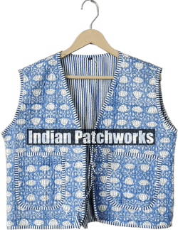 Handmade - Hand quilted vest, striped cotton gilet, blue/navy stripe. Hand quilted Gilet, padded gilet. Autumn vest, Block Print Jacket coat